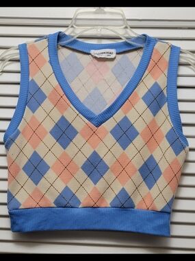 HELLO MONDAY Pastel Argyle Sweater Top -Medium Blue, Pink, Cream